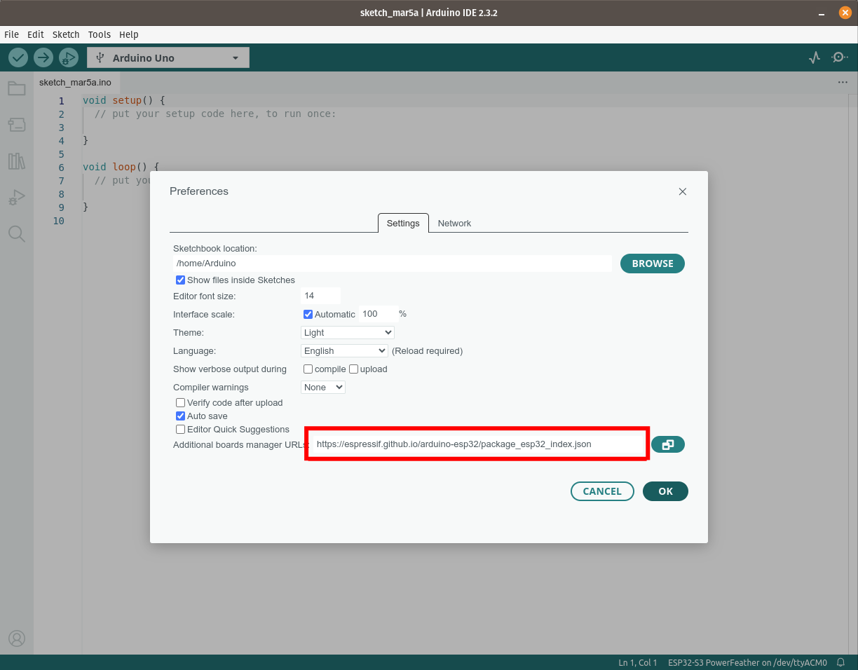 Adding Boards Manager URL