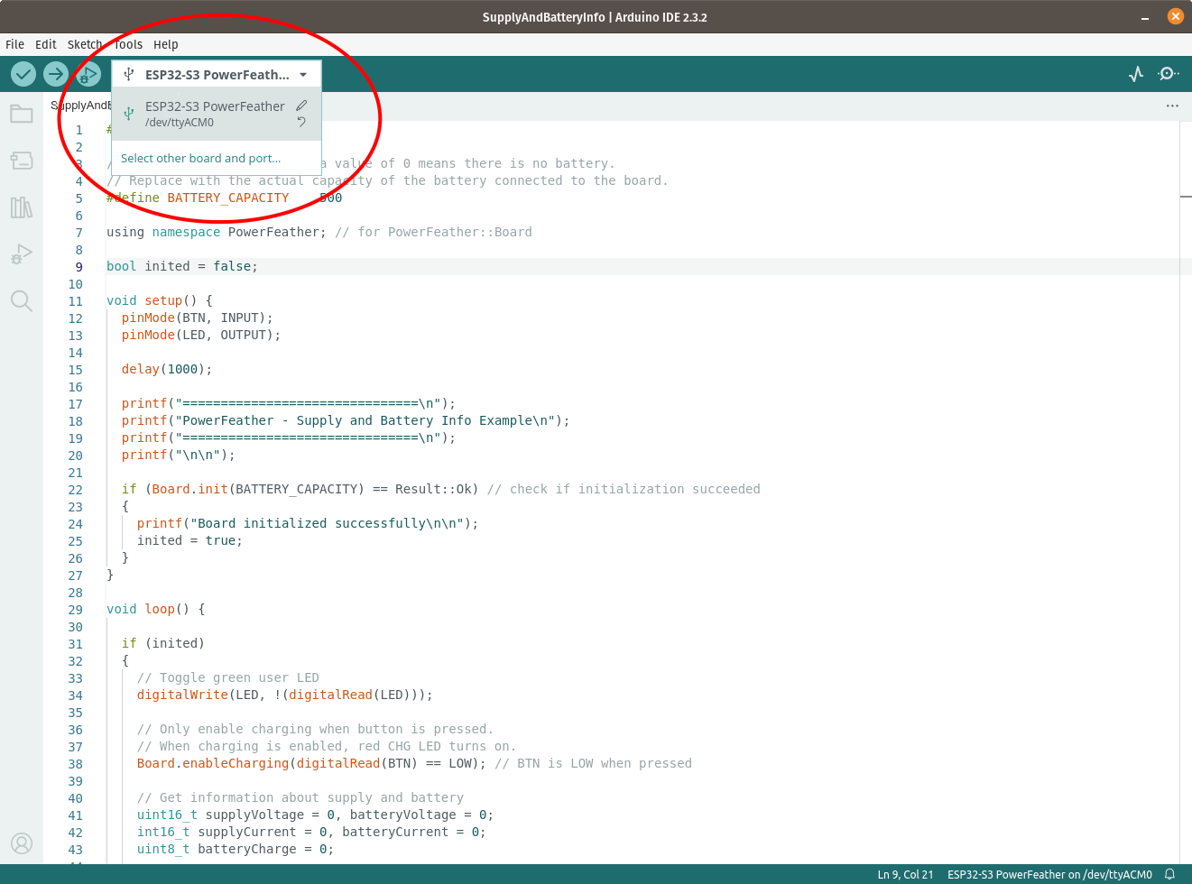 Selecting ESP32-S3 PowerFeather as board