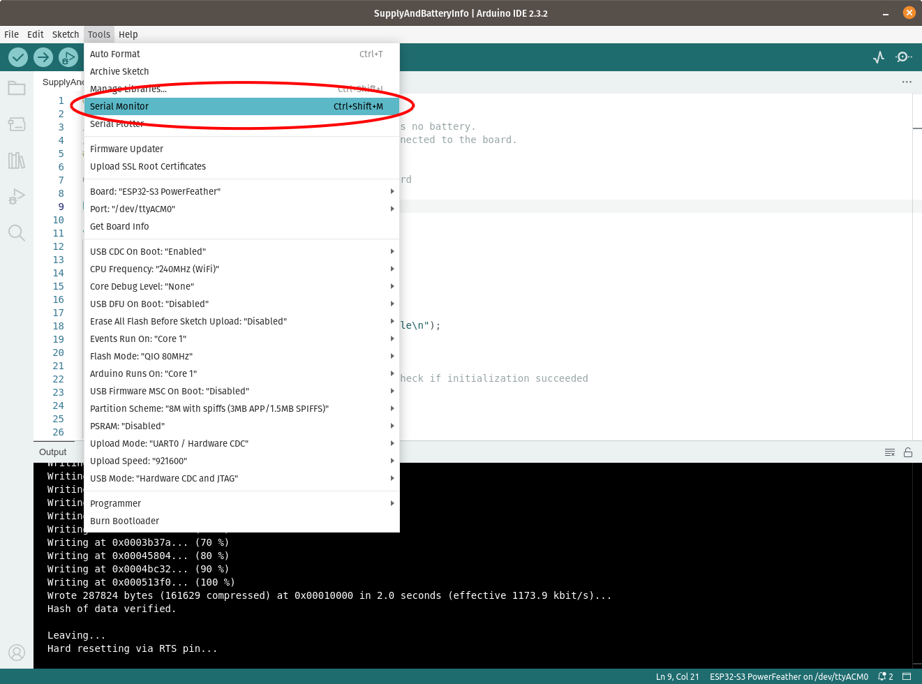 Hovering on Serial Monitor selection